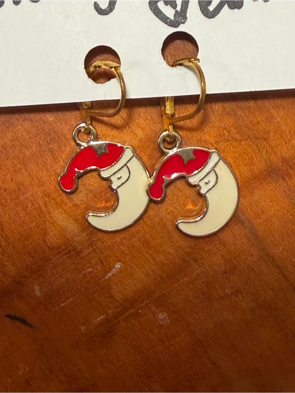 Crescent Moon Santa Hat Dangle Earrings - Cream & Red